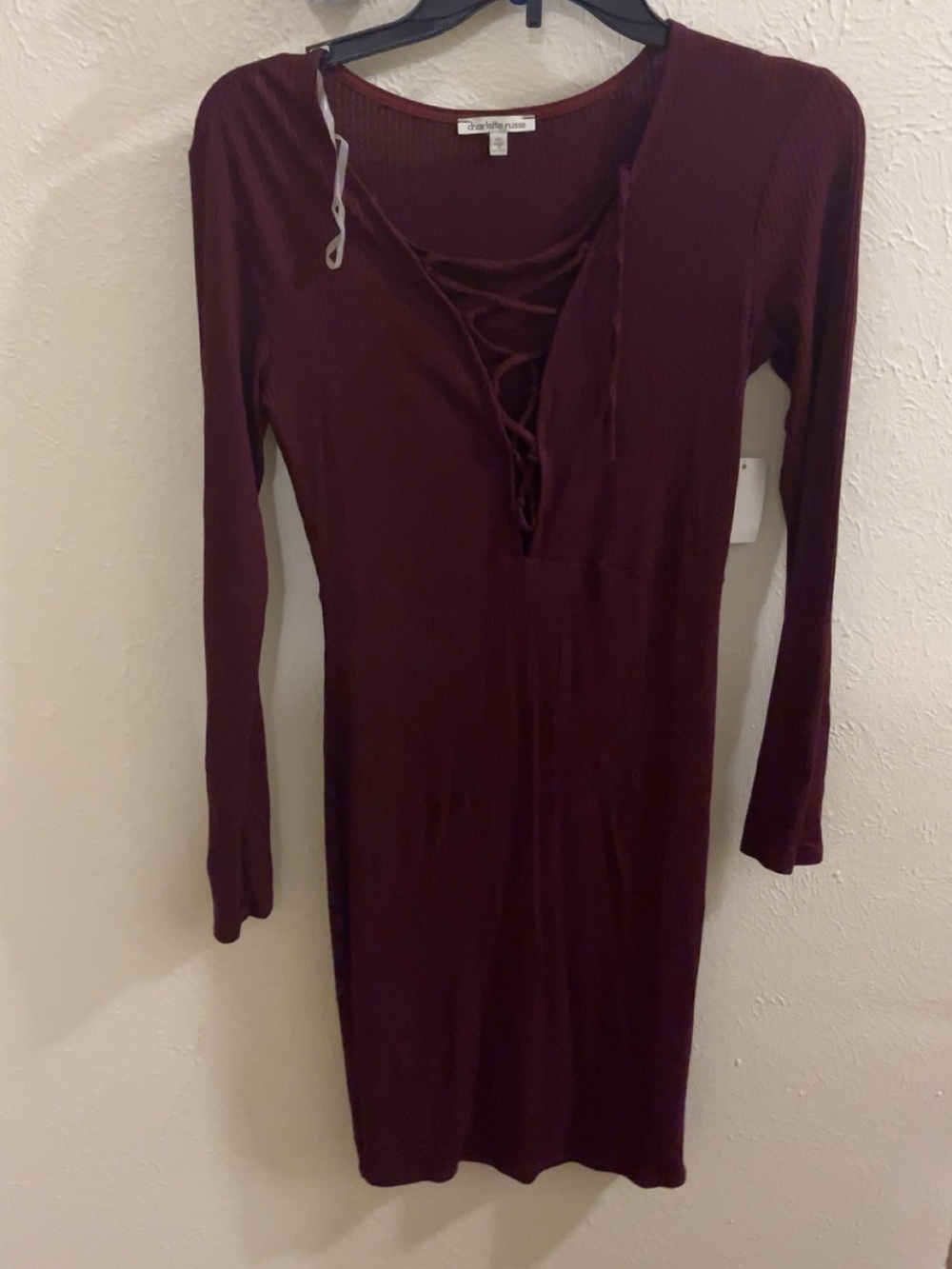 Long Sleeve Ribbed Bodycon Dress - Deep Wine
